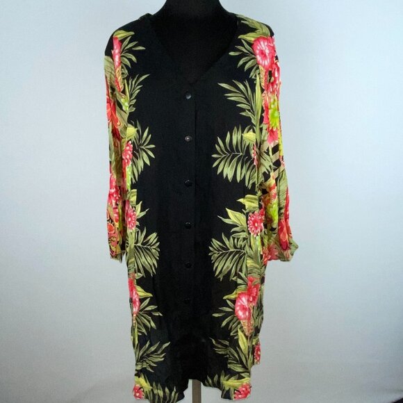 Ulla Popken Tunic Top Womens Tunic Button Down Tropical Floral Leaves 20 / 22 * - Picture 1 of 8